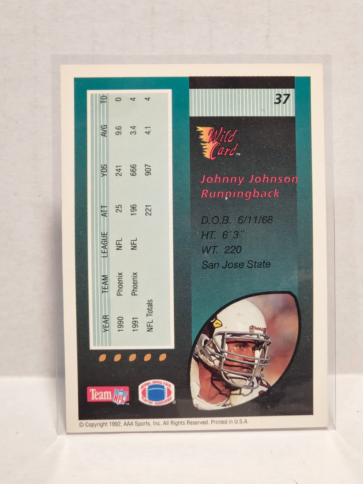 1992 Wild Card - Johnny Johnson #37 5 Stripe 2