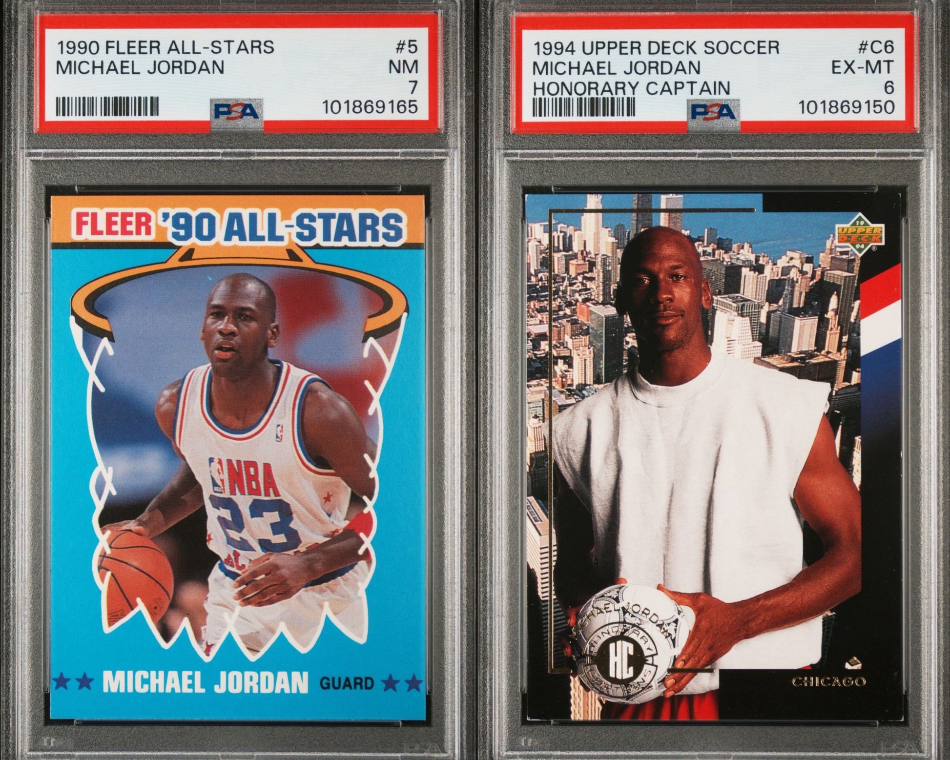 Two trading cards of Michael Jordan, one from Fleer '90 All-Stars and the other from Upper Deck Soccer, both graded by PSA.