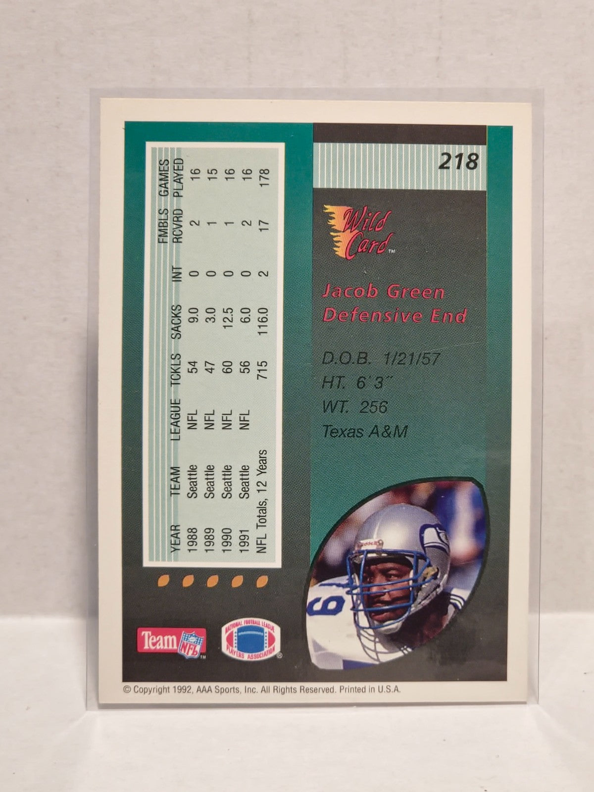1992 Wild Card Football 5 Stripe Jacob Green Seattle Seahawks #218 2