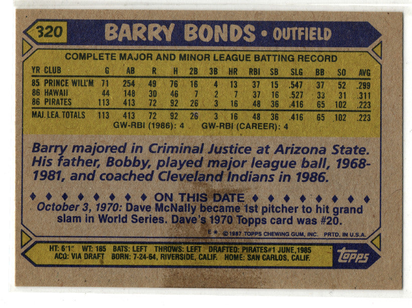 1987 Topps #320 Barry Bonds RC Pittsburgh Pirates MLB HR King See HD Scans! 2