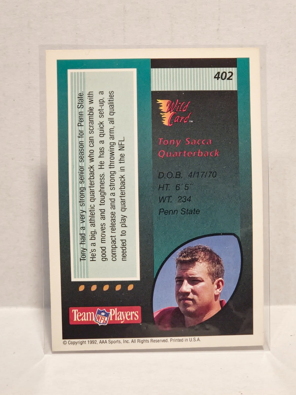 1992 Wild Card - Tony Sacca #402 5 Stripe (RC) 2