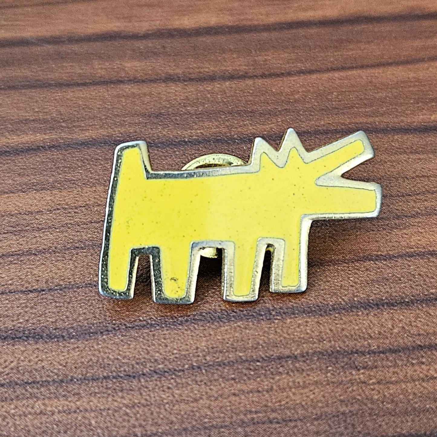 RARE Vintage Keith Haring Barking Dog Yellow Enamel Lapel Pin 1980s 1