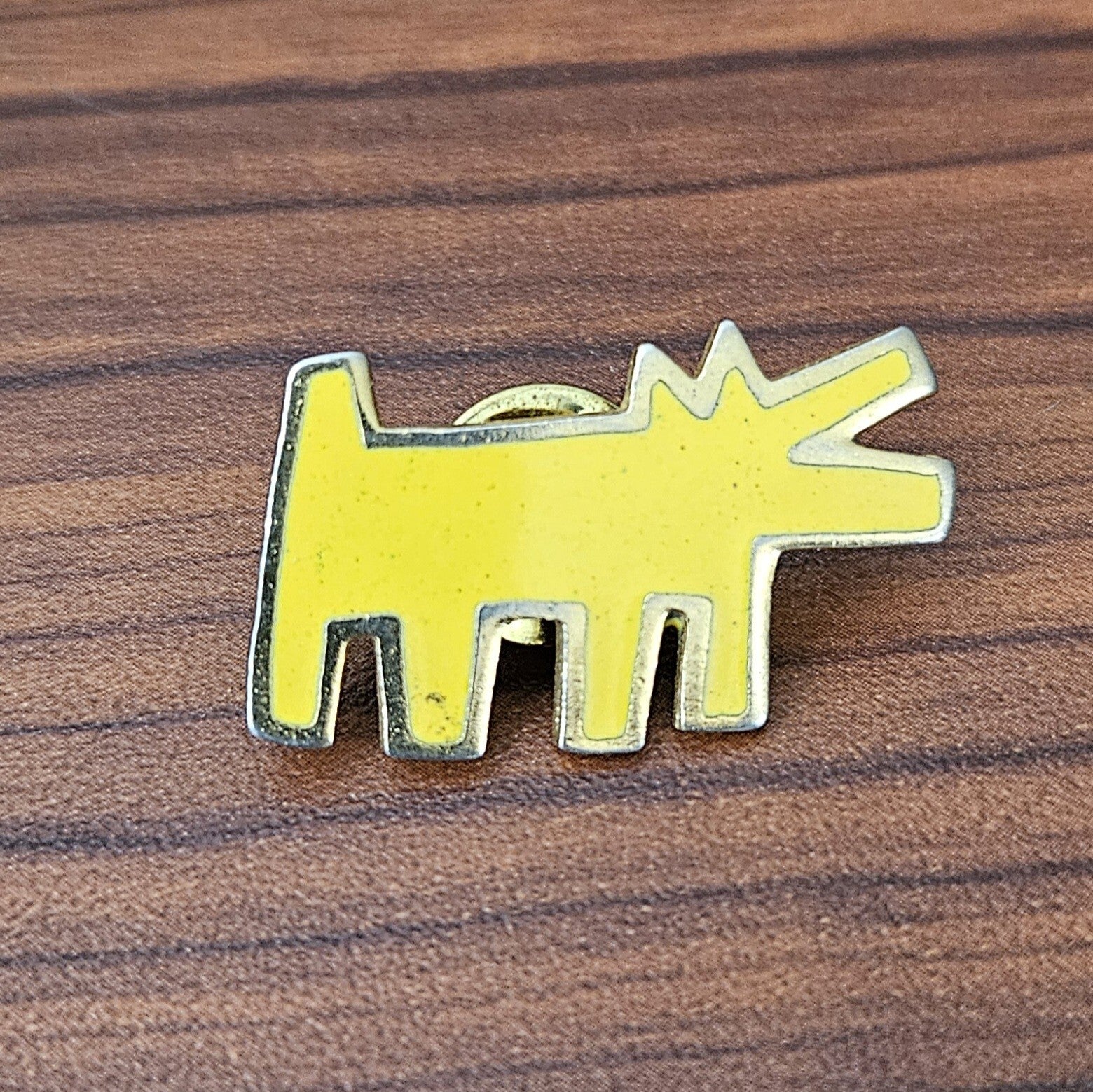 RARE Vintage Keith Haring Barking Dog Yellow Enamel Lapel Pin 1980s 1