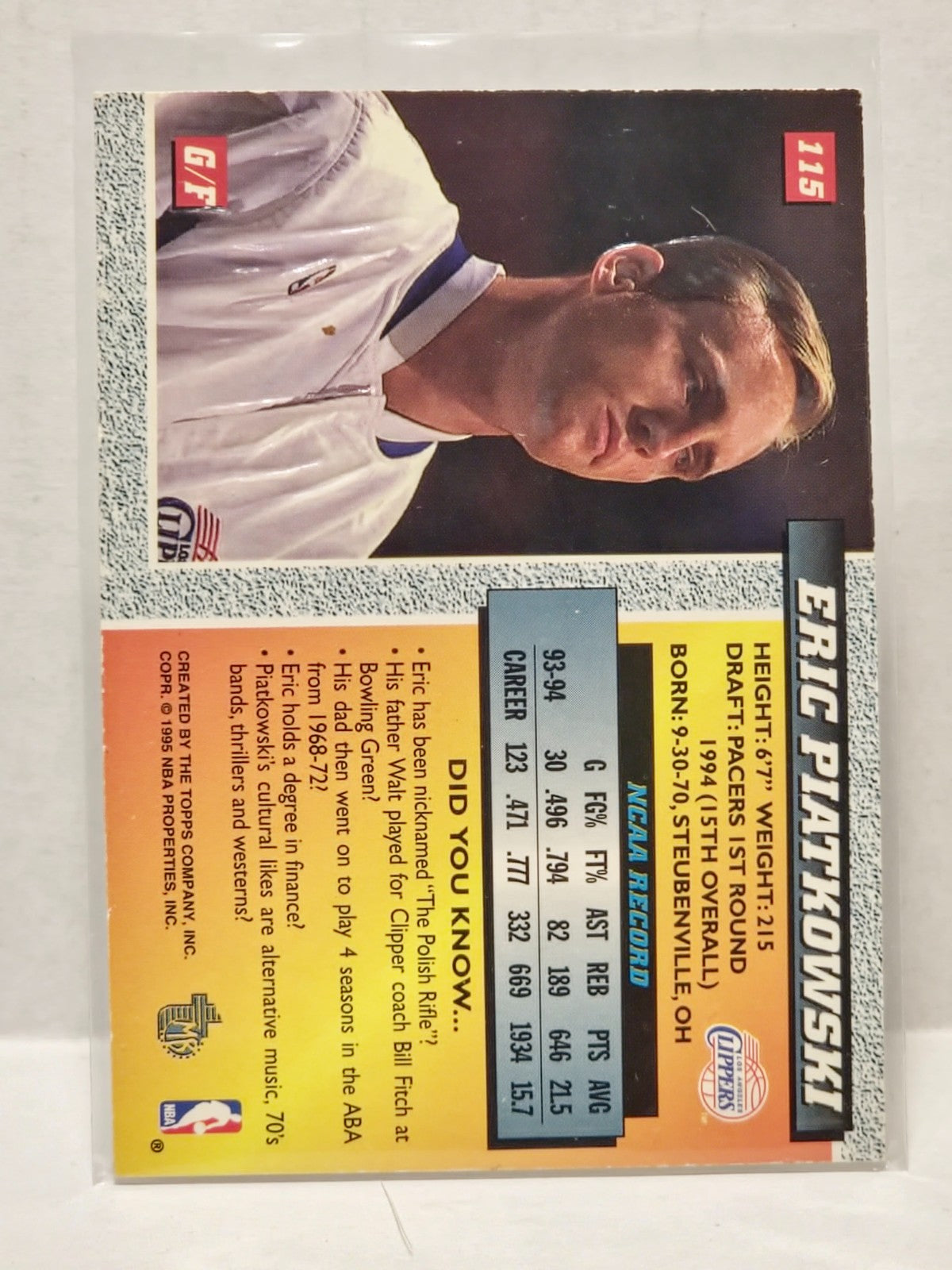 1994-95 Topps Embossed Golden Idol Eric Piatkowski #115 Rookie RC 2