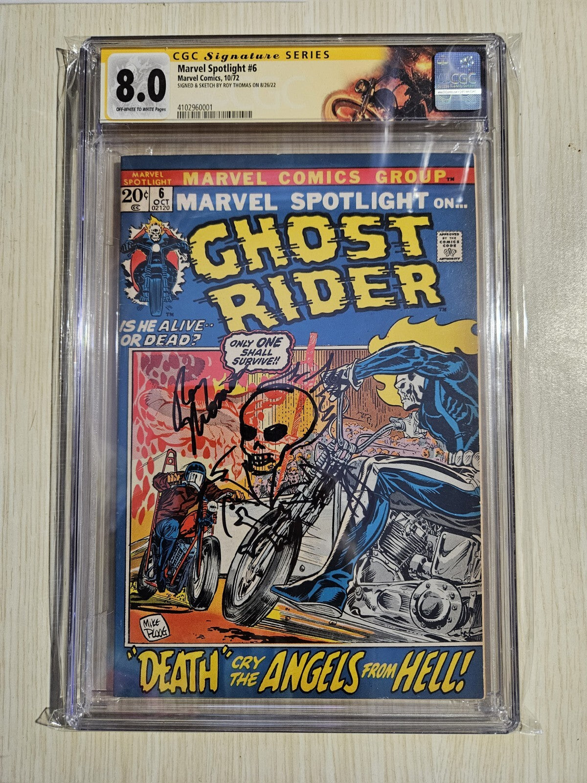 Marvel Spotlight #6 CGC 8.0 2nd App GHOST RIDER Signed & Sketch Roy Thomas 1972 1