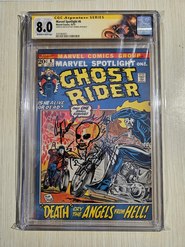 Marvel Spotlight #6 CGC 8.0 2nd App GHOST RIDER Signed & Sketch Roy Thomas 1972
