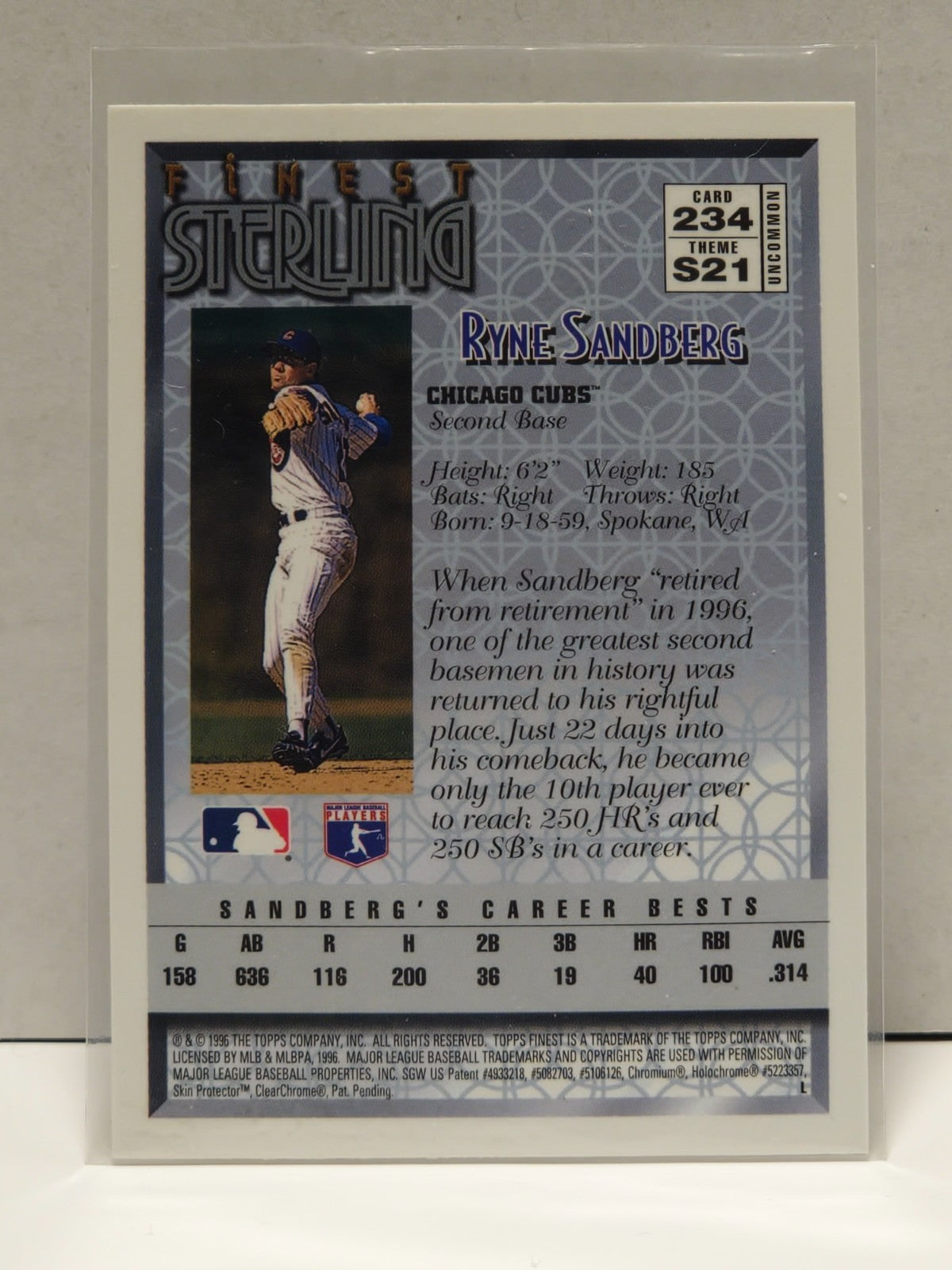 1996 Topps Finest Sterling #234 w/Coating HOF Ryne Sandberg Chicago Cubs 2