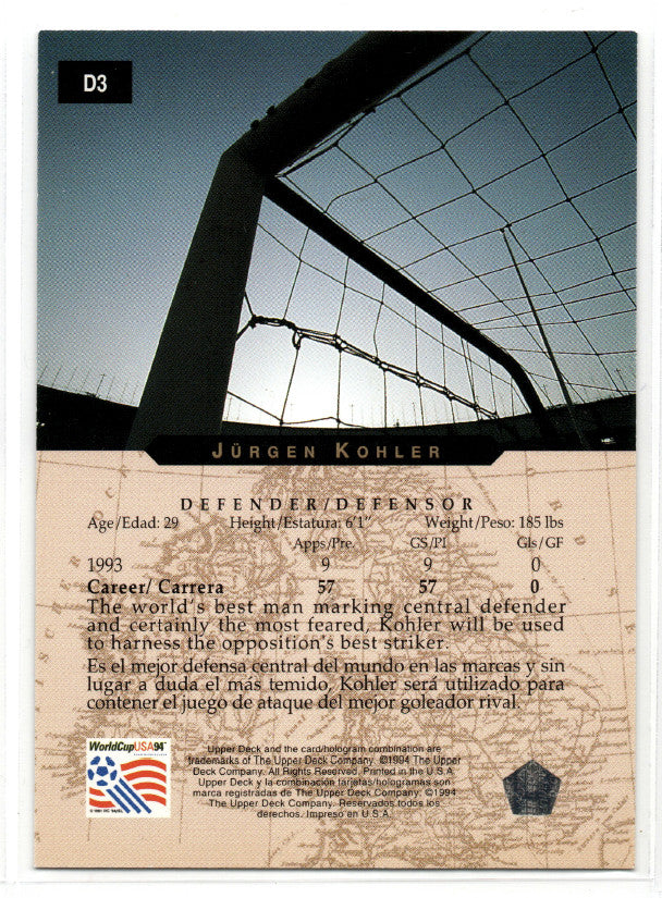 1994 Upper Deck World Cup English/Spanish German Holograms Jurgen Kohler #D3 2