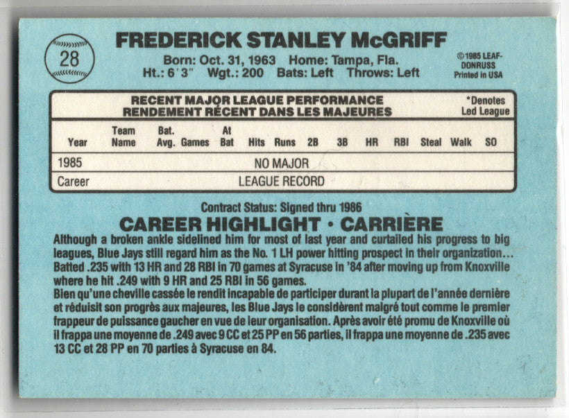 1986 Donruss - Rated Rookie Fred McGriff #28 (RC) 2